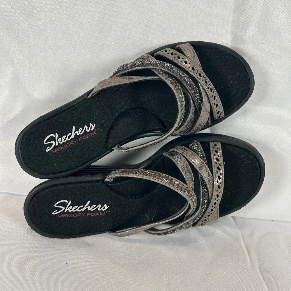 Skechers Rumblers Sci-Fi Wedge Sandals Pewter Metallic Strappy Rhinestone Size 7